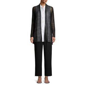 Eileen Fisher Organic Italian Linen Blend Open Knit Duster Crepe Cardigan Black